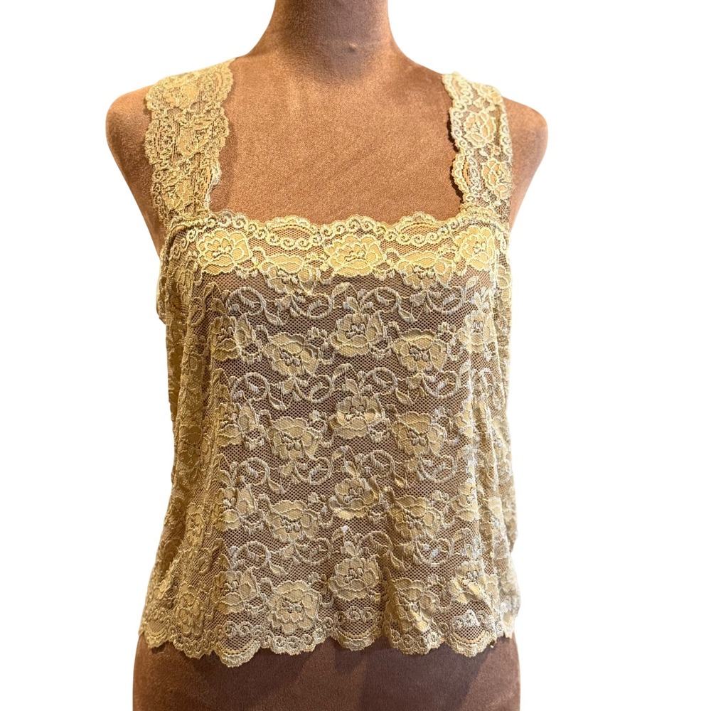 2X Ally Rose Lace Camisole Layering Gold Sheer Stretch Cottagecore Romantic EUC